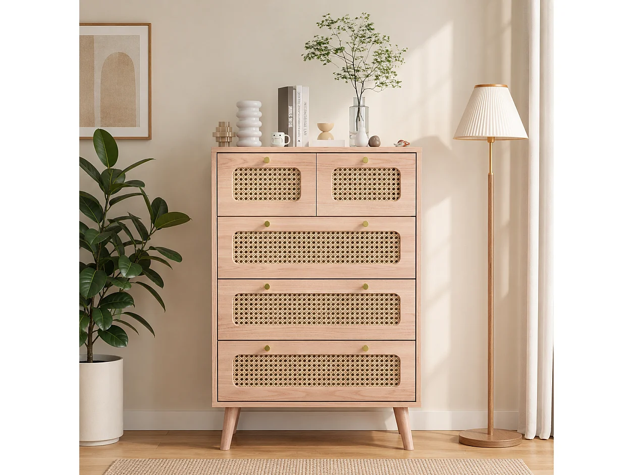 Commode à 5 Tiroirs, Commode Bois et cannage rotin, 60x34x91cm Meuble de Rangement pour Bureau,Salon,Chambre à Coucher - PE Rotin
