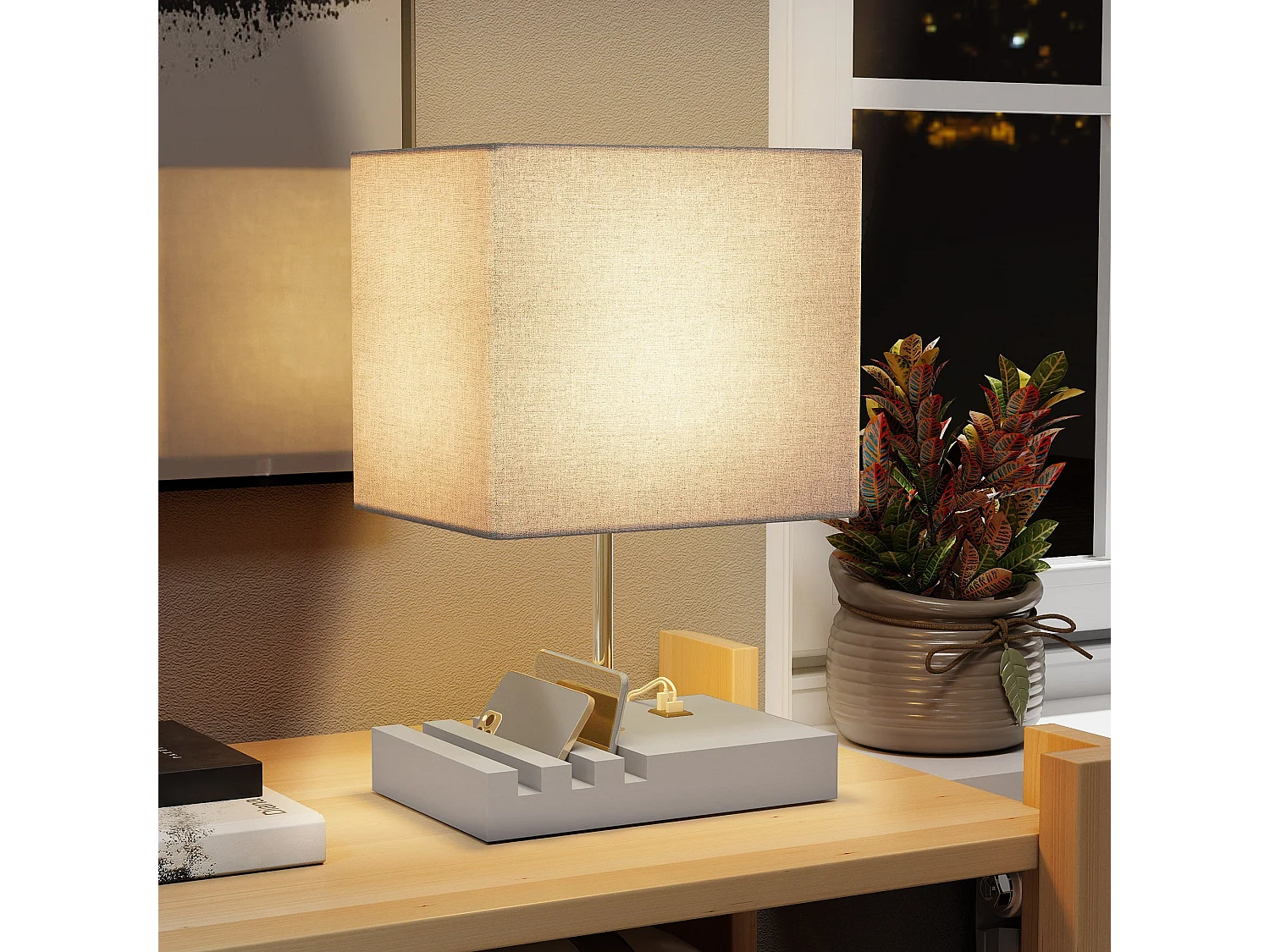 Kata Solid Wood Bedside Lamp with Grey Fabric Shade E27 USB A and USB C Charging Ports