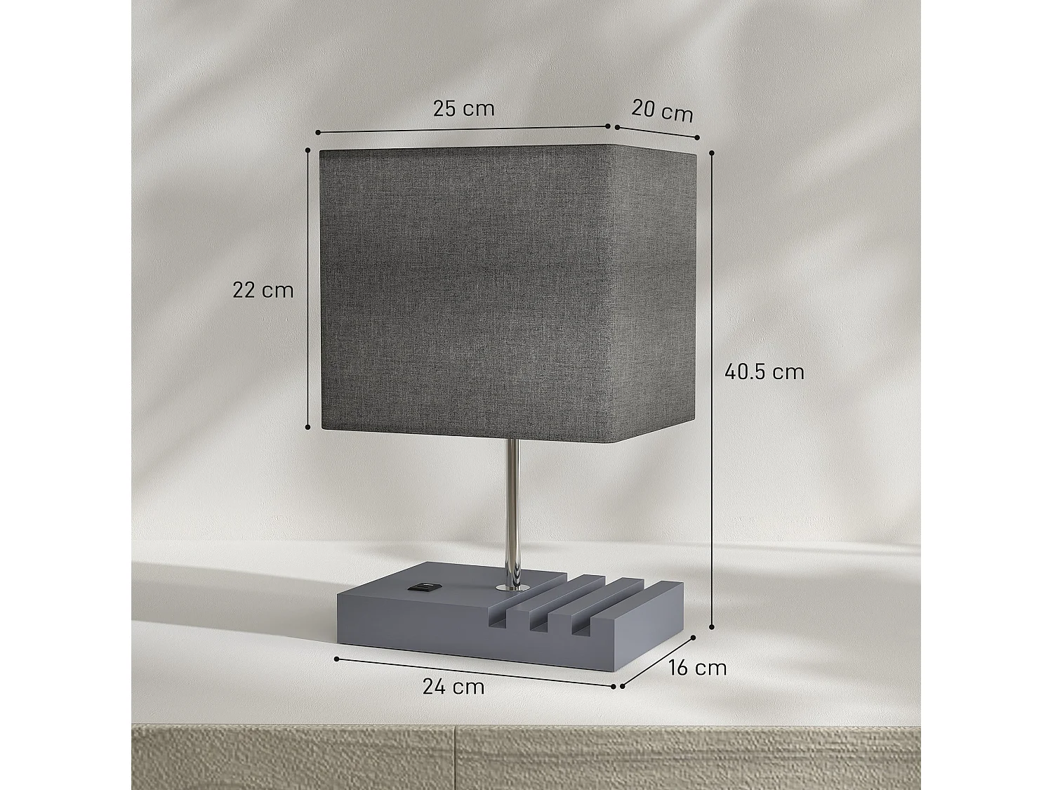 Kata Solid Wood Bedside Lamp with Grey Fabric Shade E27 USB A and USB C Charging Ports