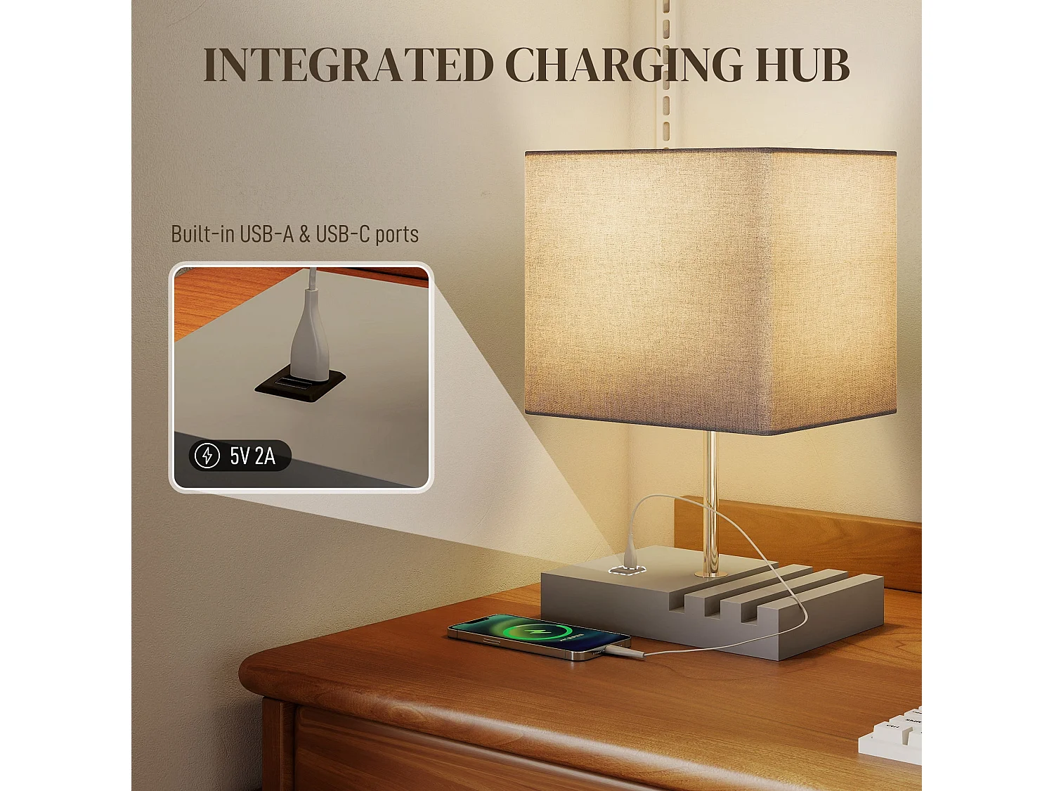 Kata Solid Wood Bedside Lamp with Grey Fabric Shade E27 USB A and USB C Charging Ports