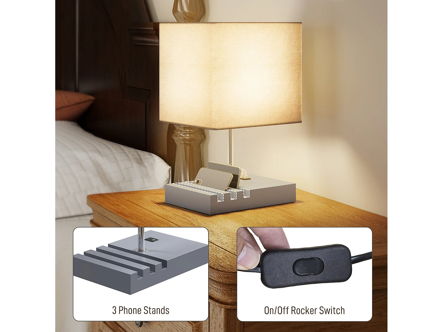 Kata Solid Wood Bedside Lamp with Grey Fabric Shade E27 USB A and USB C Charging Ports