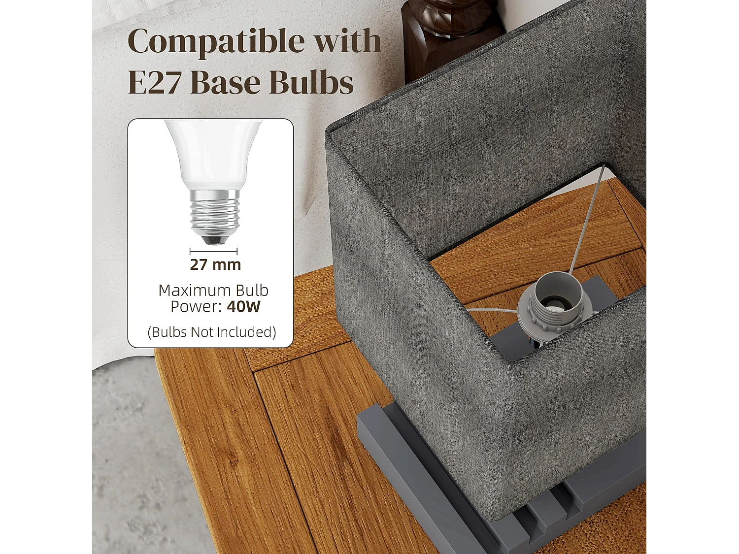 Kata Solid Wood Bedside Lamp with Grey Fabric Shade E27 USB A and USB C Charging Ports