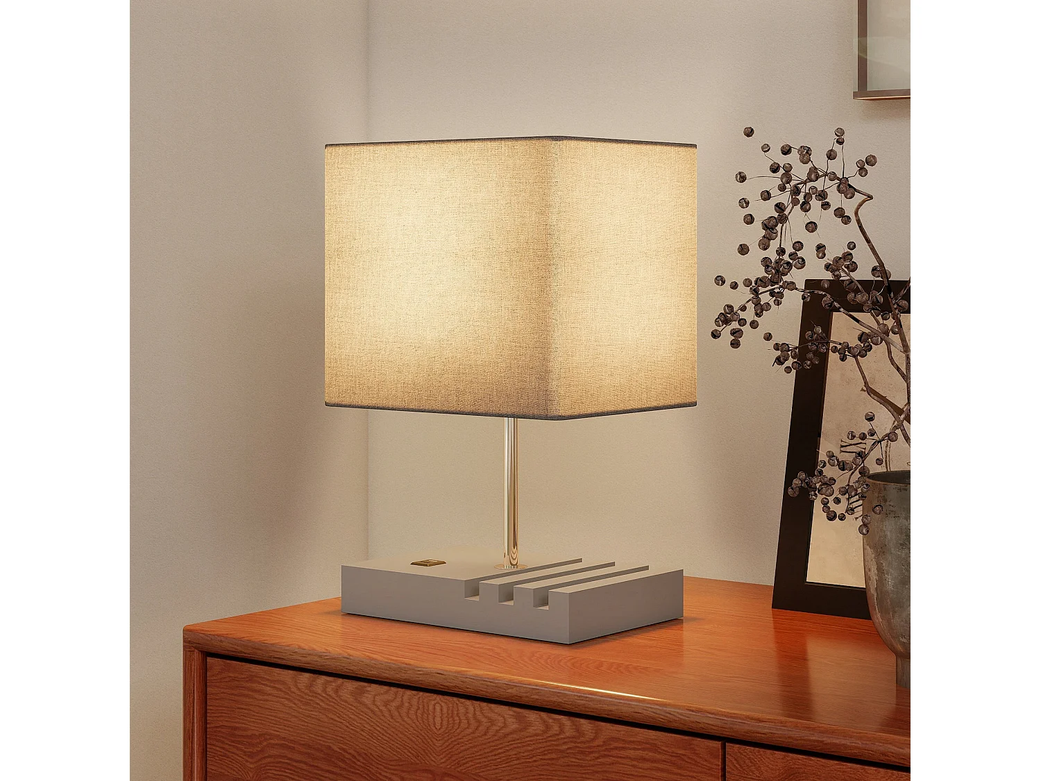 Kata Solid Wood Bedside Lamp with Grey Fabric Shade E27 USB A and USB C Charging Ports