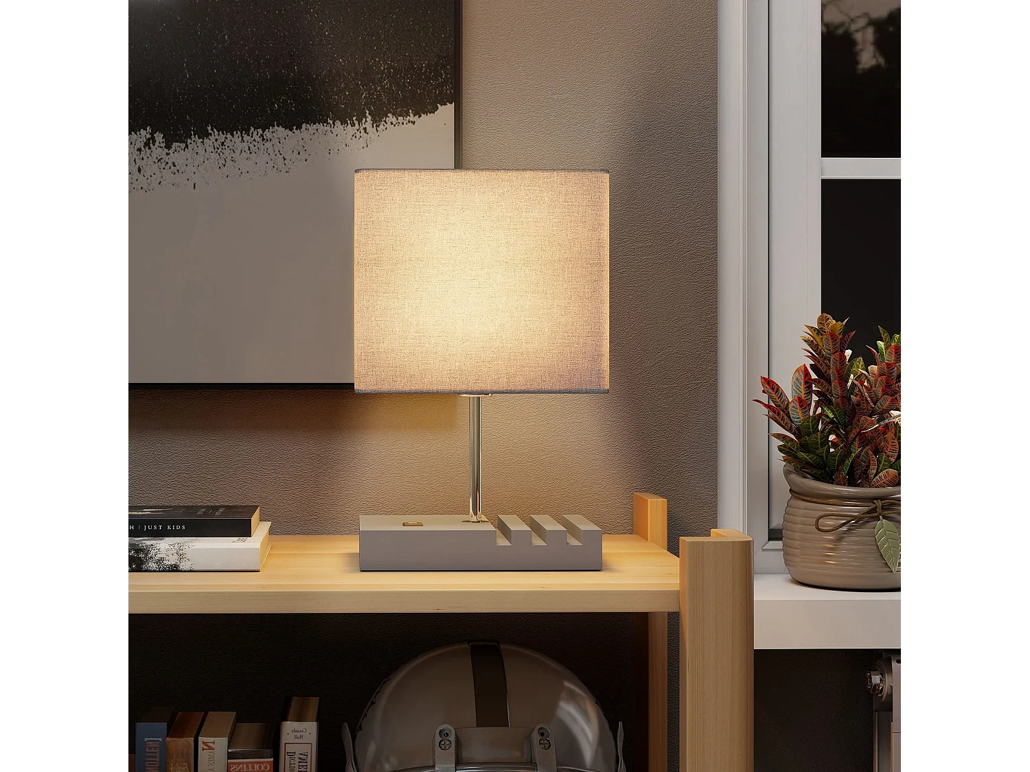 Kata Solid Wood Bedside Lamp with Grey Fabric Shade E27 USB A and USB C Charging Ports