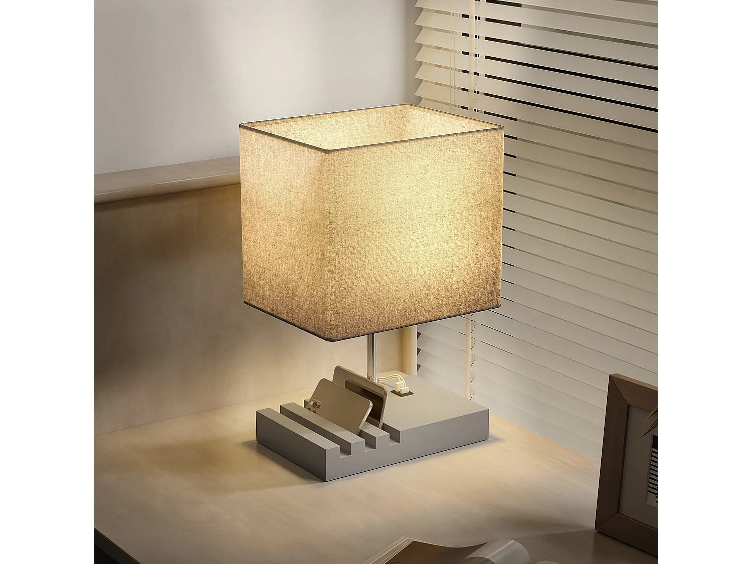 Kata Solid Wood Bedside Lamp with Grey Fabric Shade E27 USB A and USB C Charging Ports
