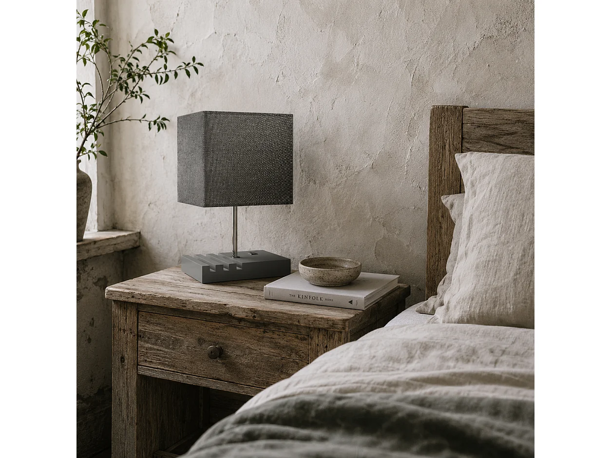 Kata Solid Wood Bedside Lamp with Grey Fabric Shade E27 USB A and USB C Charging Ports
