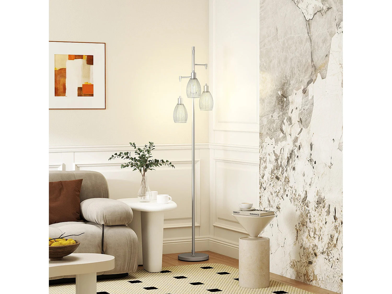 Moba 170cm Silver Tone Industrial 3 Light Floor Lamp with Wire Cage Shades
