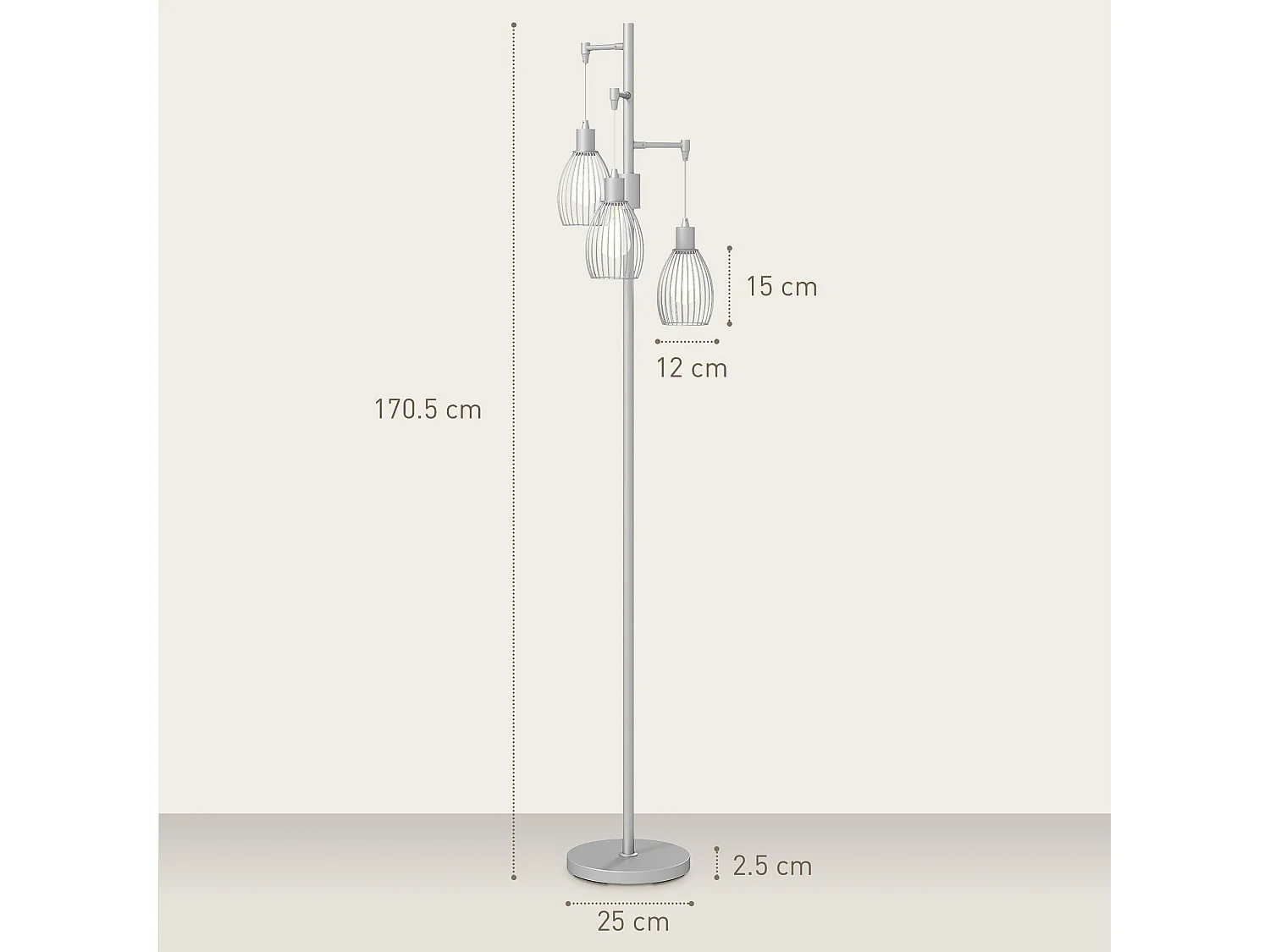 Moba 170cm Silver Tone Industrial 3 Light Floor Lamp with Wire Cage Shades