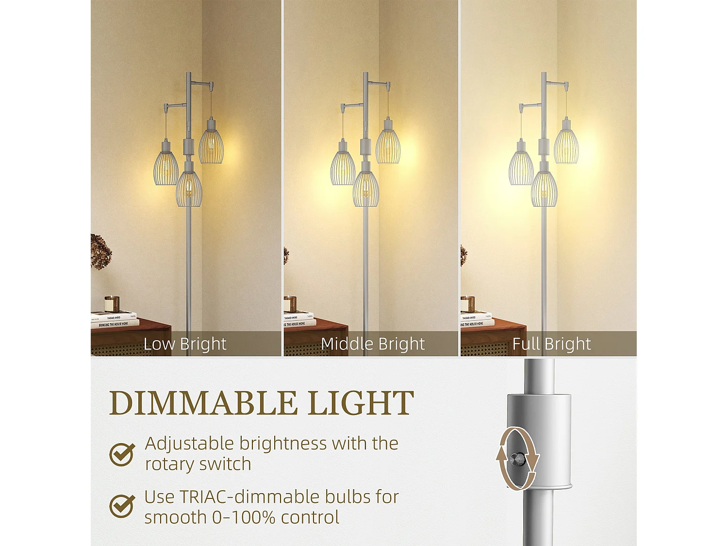 Moba 170cm Silver Tone Industrial 3 Light Floor Lamp with Wire Cage Shades