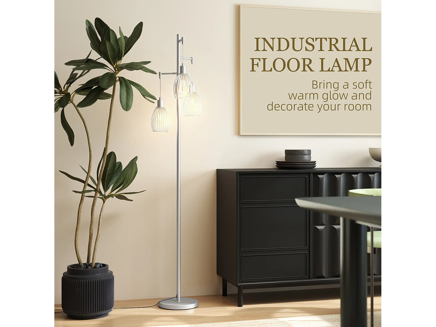 Moba 170cm Silver Tone Industrial 3 Light Floor Lamp with Wire Cage Shades