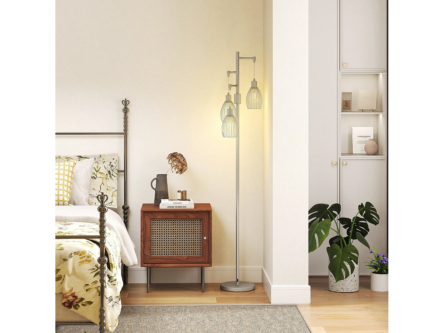 Moba 170cm Silver Tone Industrial 3 Light Floor Lamp with Wire Cage Shades