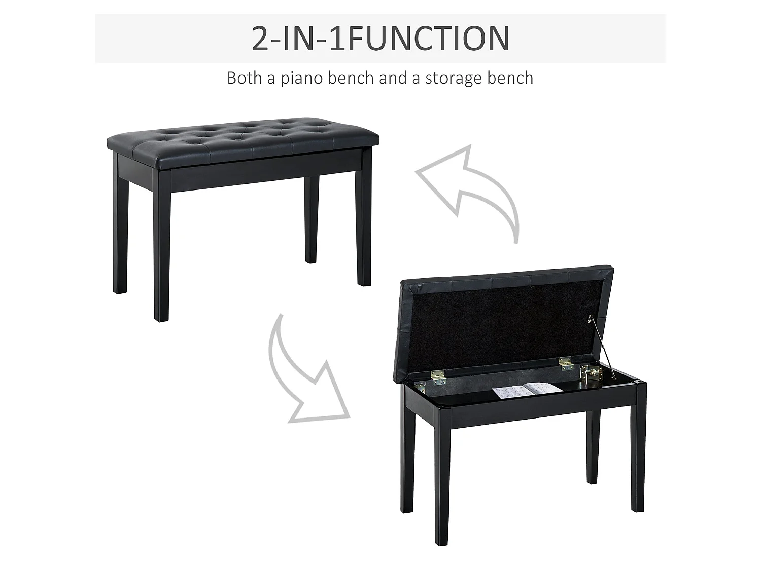 Milara Black Faux Leather Piano Bench with Hidden Storage Diamond Tufted