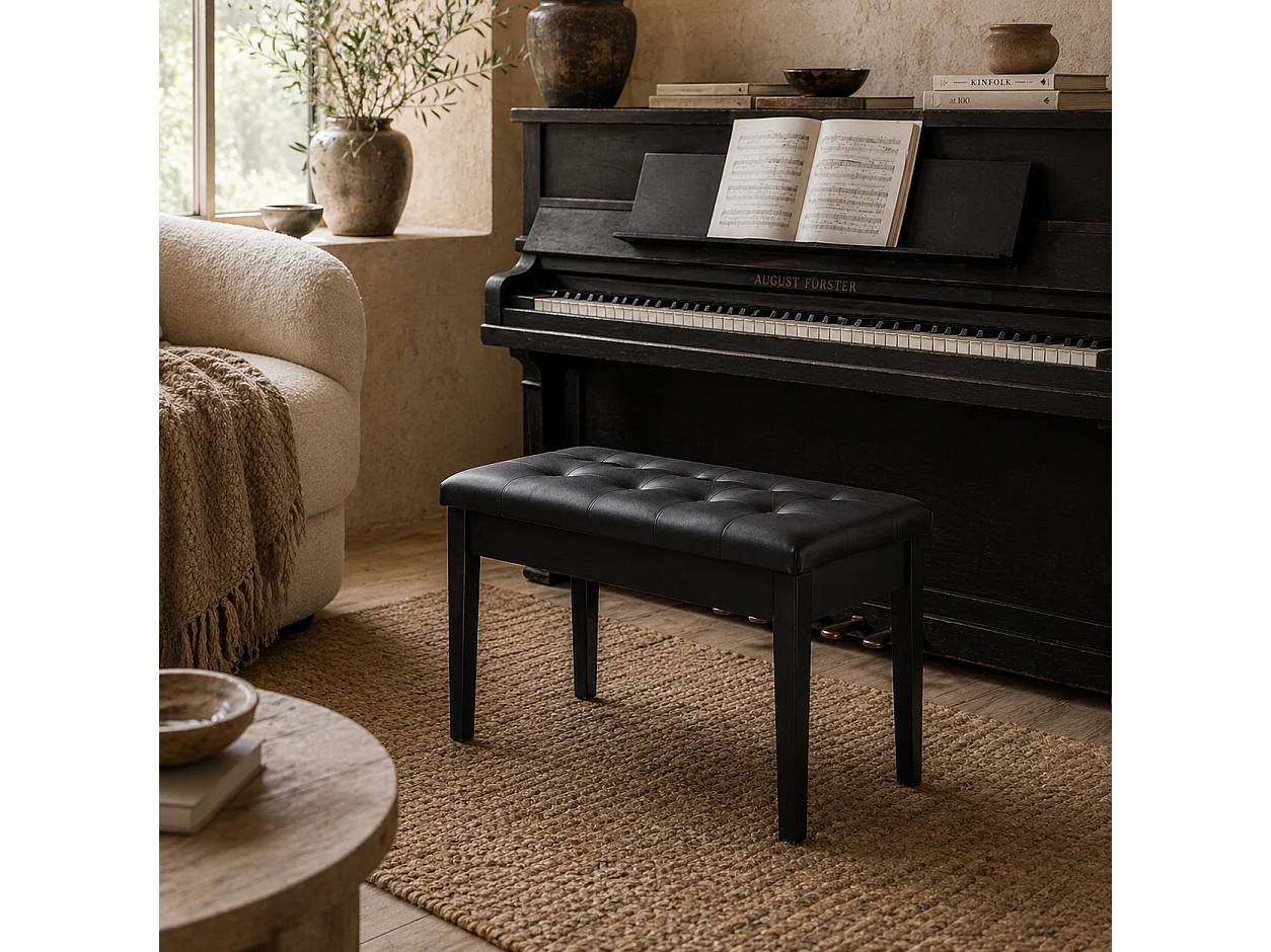Milara Black Faux Leather Piano Bench with Hidden Storage Diamond Tufted