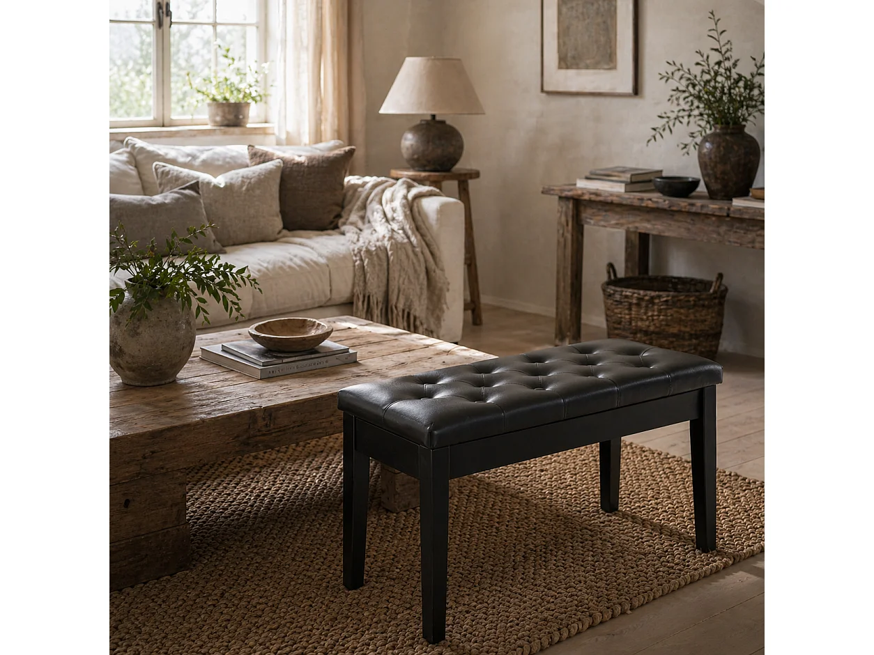 Milara Black Faux Leather Piano Bench with Hidden Storage Diamond Tufted