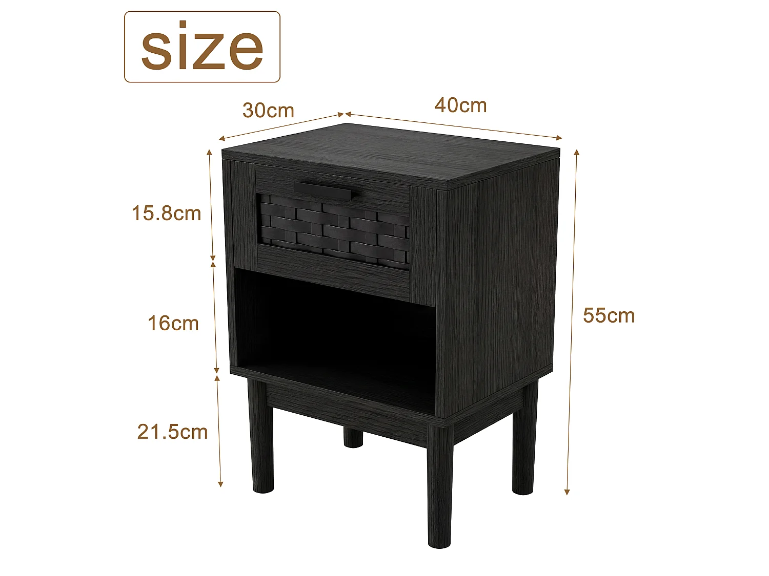 Lot de 2 Tables de Chevet, Table D'appoint, Table de Nuit en rotin avec Étagère Ouverte et Tiroir, pour Chambre à Coucher, Noir, 40x30x55 cm