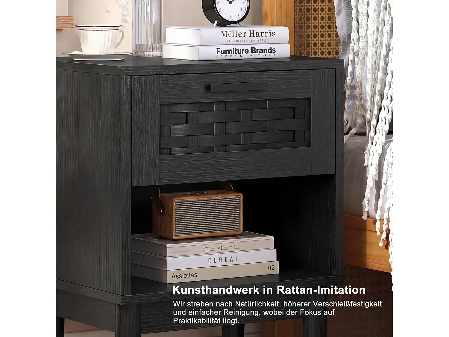 Lot de 2 Tables de Chevet, Table D'appoint, Table de Nuit en rotin avec Étagère Ouverte et Tiroir, pour Chambre à Coucher, Noir, 40x30x55 cm