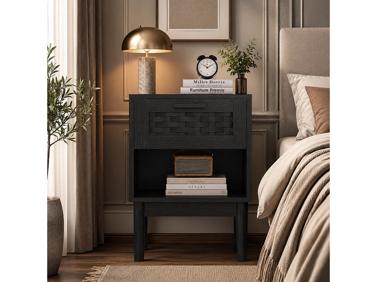 Lot de 2 Tables de Chevet, Table D'appoint, Table de Nuit en rotin avec Étagère Ouverte et Tiroir, pour Chambre à Coucher, Noir, 40x30x55 cm