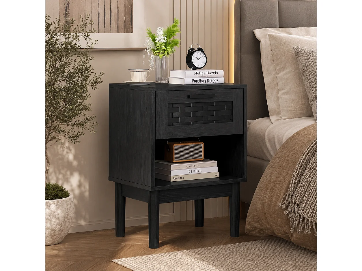 Lot de 2 Tables de Chevet, Table D'appoint, Table de Nuit en rotin avec Étagère Ouverte et Tiroir, pour Chambre à Coucher, Noir, 40x30x55 cm