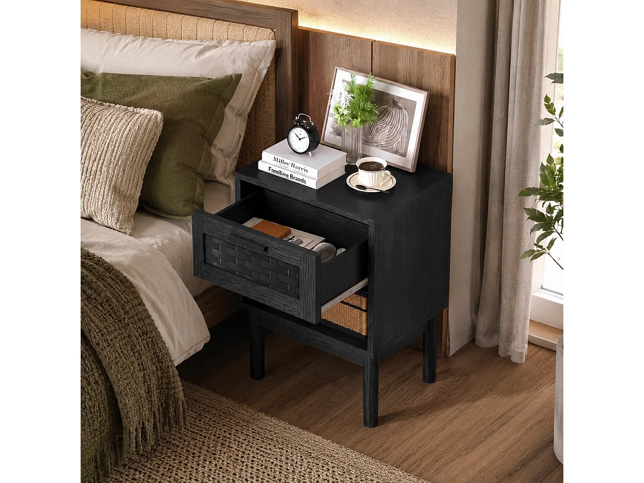 Lot de 2 Tables de Chevet, Table D'appoint, Table de Nuit en rotin avec Étagère Ouverte et Tiroir, pour Chambre à Coucher, Noir, 40x30x55 cm