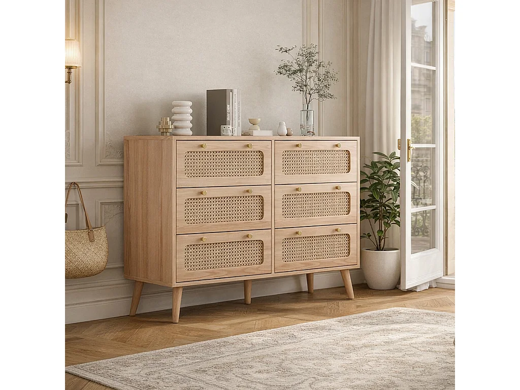 Commode 6 Tiroirs, Meuble de Rangement en Rotin, Armoire Buffet avec antichute et Pieds surélevés, Chiffonnier Bois pour Chambre, Salon, 100x34x73 cm