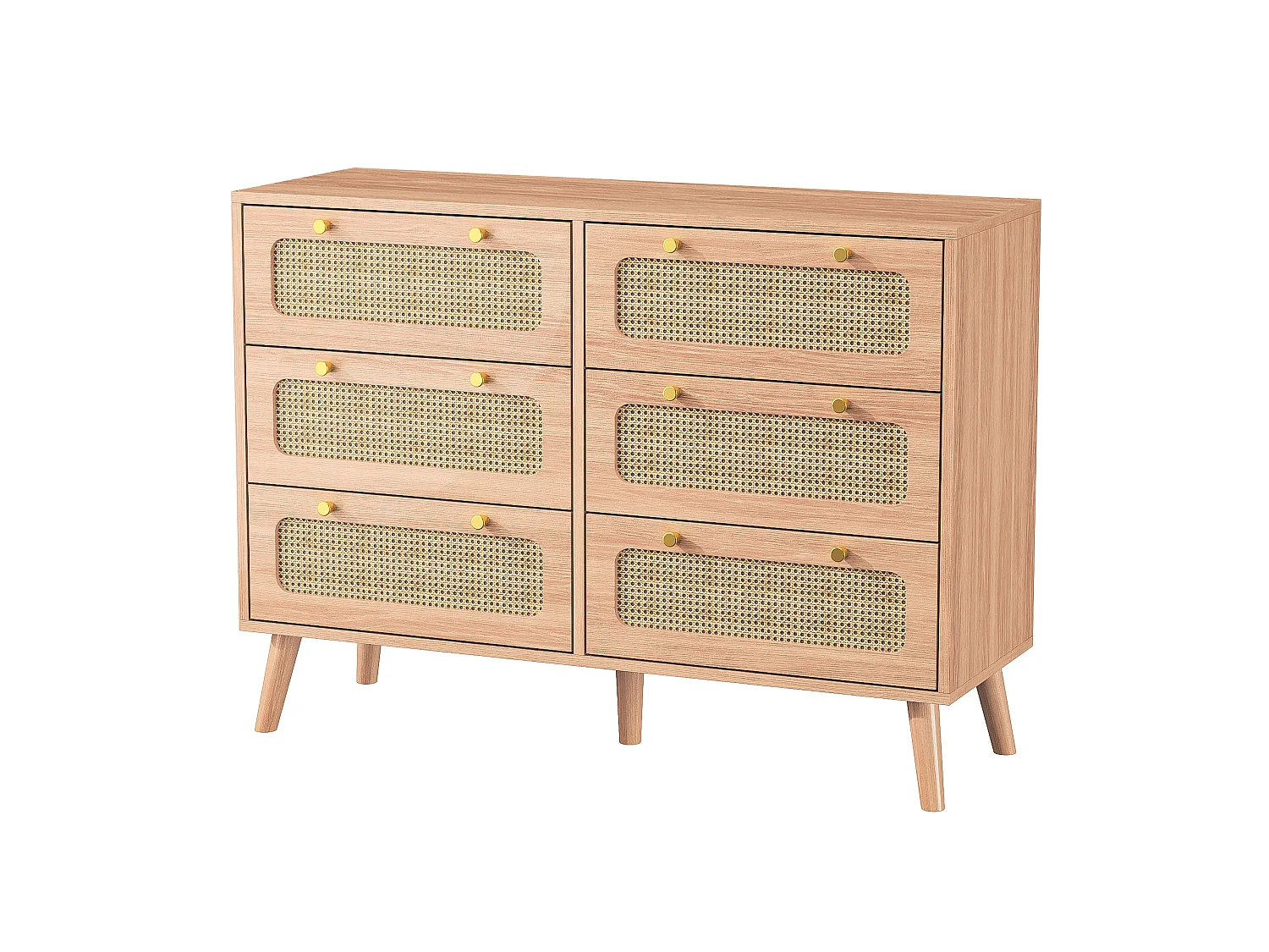 Commode 6 Tiroirs, Meuble de Rangement en Rotin, Armoire Buffet avec antichute et Pieds surélevés, Chiffonnier Bois pour Chambre, Salon, 100x34x73 cm
