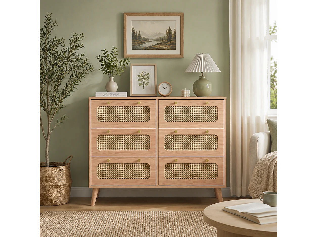 Commode 6 Tiroirs, Meuble de Rangement en Rotin, Armoire Buffet avec antichute et Pieds surélevés, Chiffonnier Bois pour Chambre, Salon, 100x34x73 cm