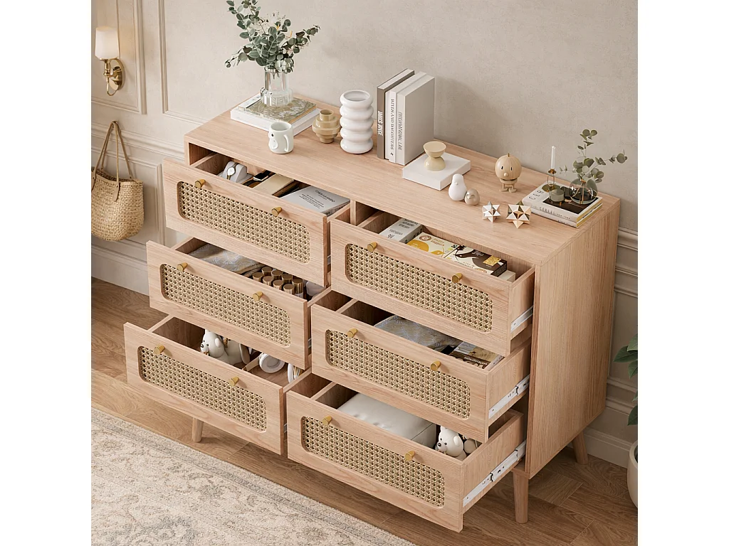Commode 6 Tiroirs, Meuble de Rangement en Rotin, Armoire Buffet avec antichute et Pieds surélevés, Chiffonnier Bois pour Chambre, Salon, 100x34x73 cm