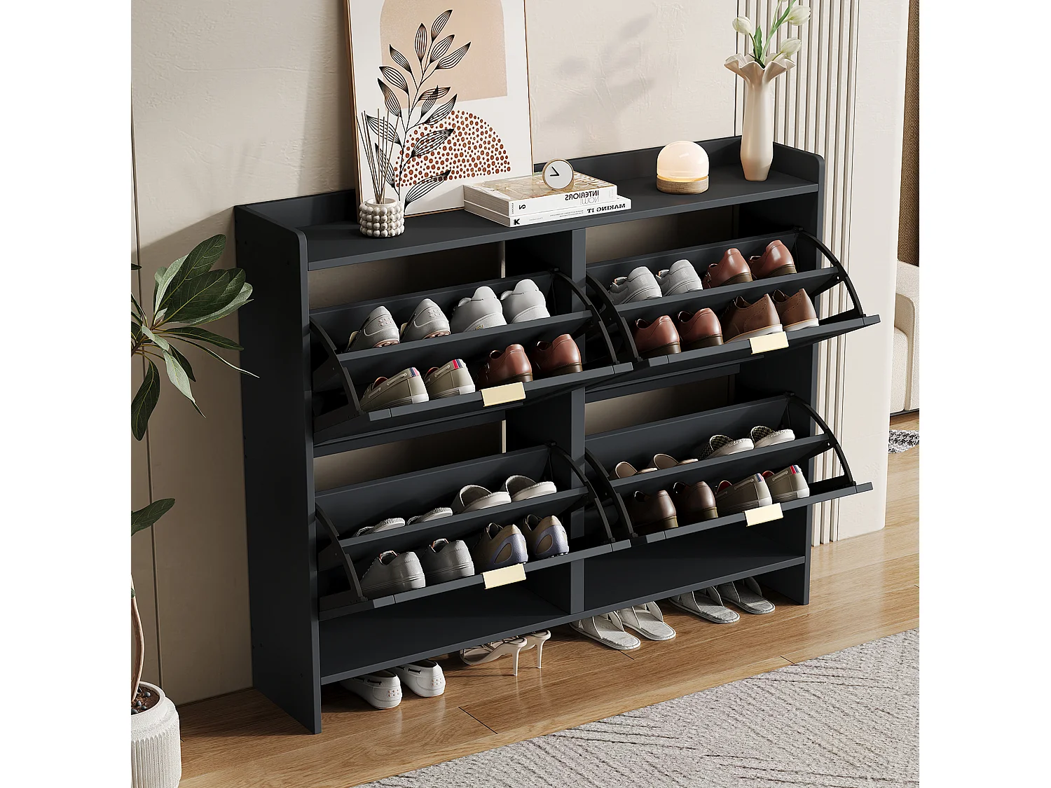 Modern Shoe Cabinet - 4 Drop-Down Compartments - Black