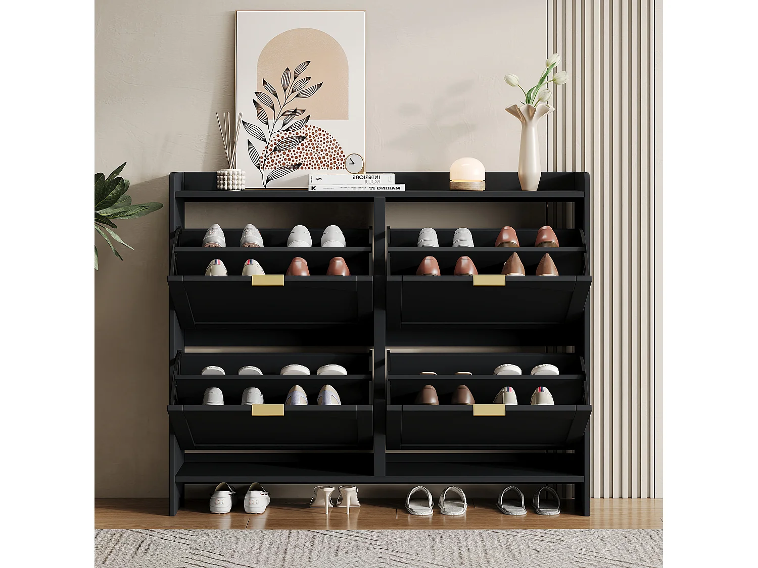 Modern Shoe Cabinet - 4 Drop-Down Compartments - Black