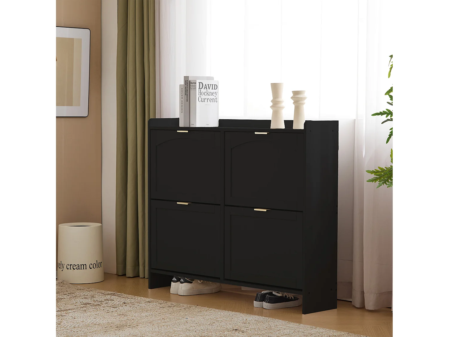 Modern Shoe Cabinet - 4 Drop-Down Compartments - Black