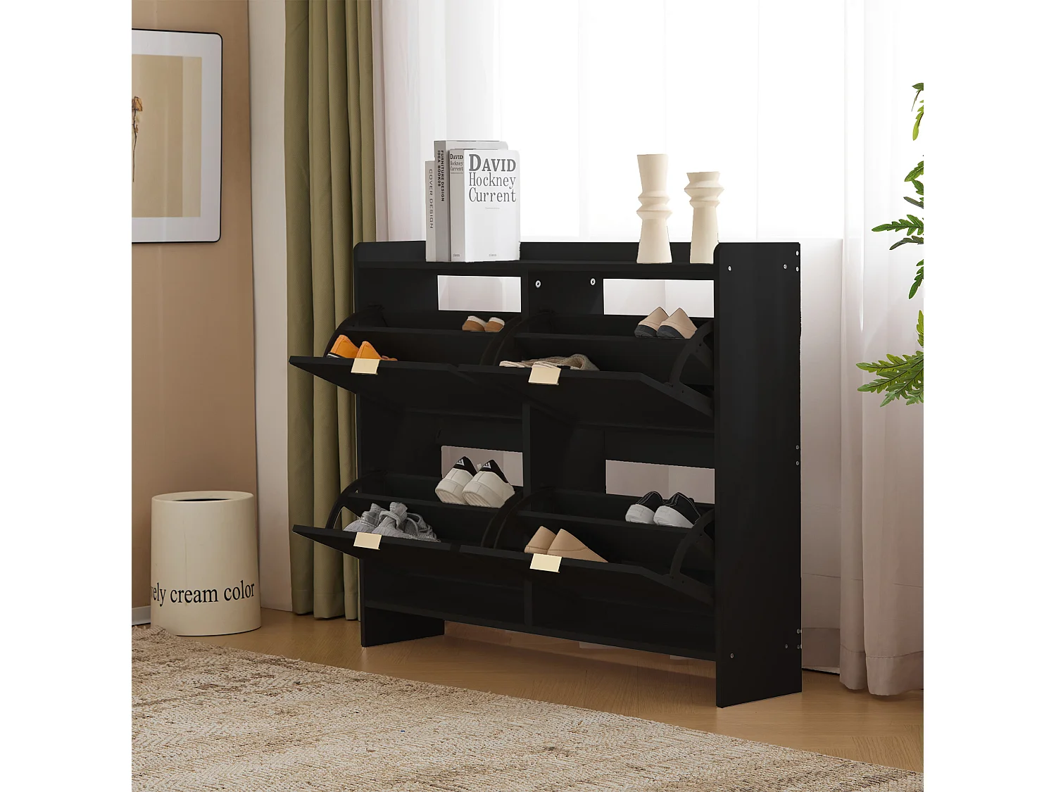 Modern Shoe Cabinet - 4 Drop-Down Compartments - Black