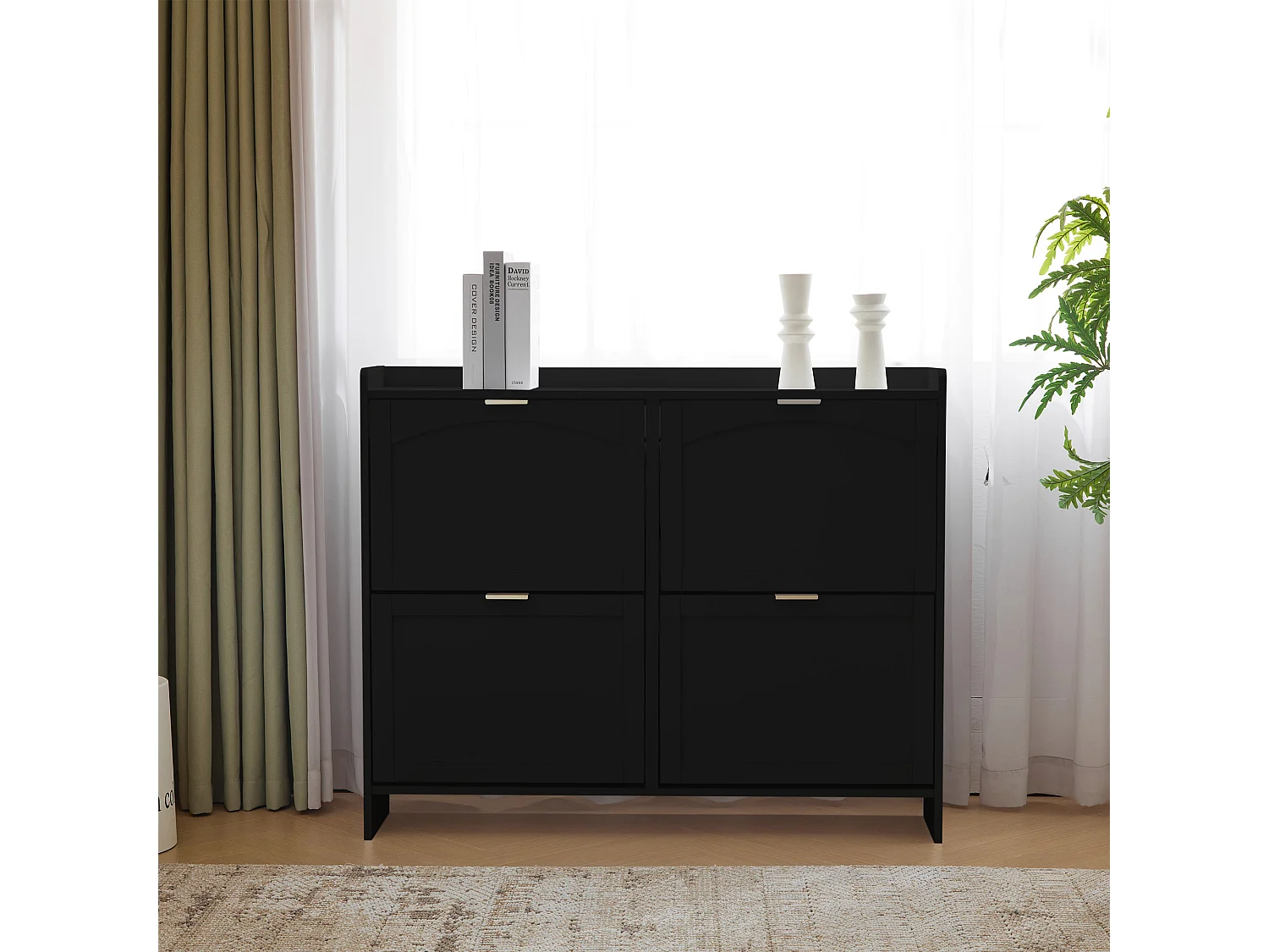 Modern Shoe Cabinet - 4 Drop-Down Compartments - Black