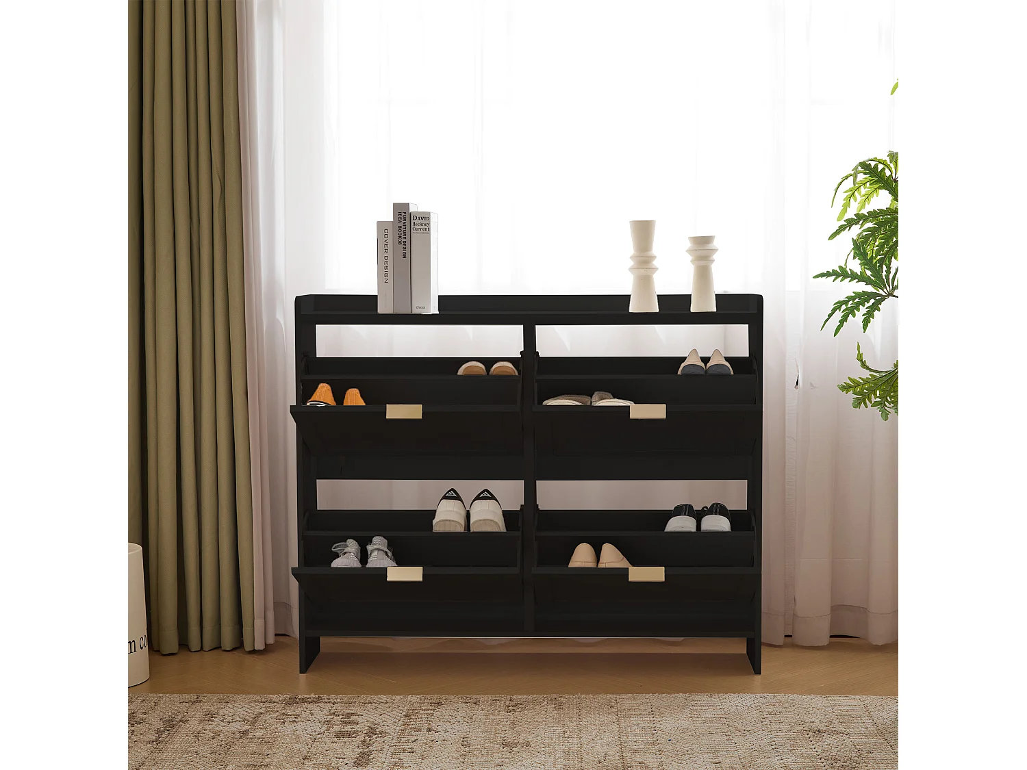 Modern Shoe Cabinet - 4 Drop-Down Compartments - Black