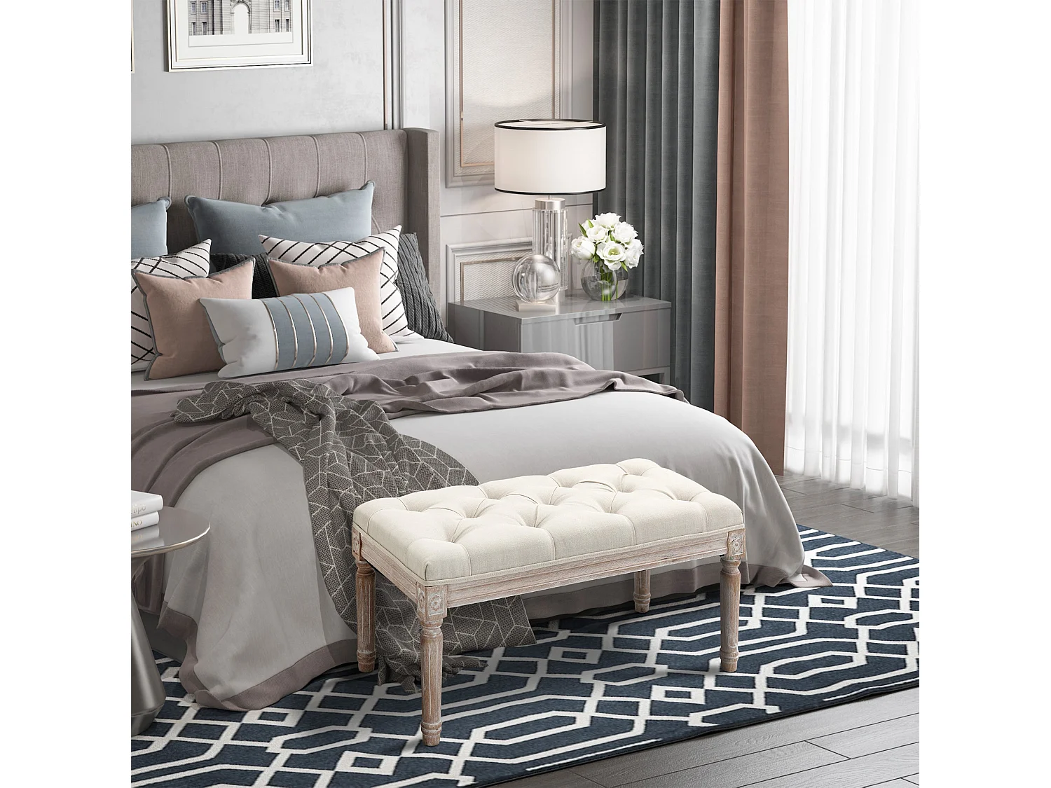 Sose 80cm Tufted Cream Fabric Bench Mid Century End of Bed