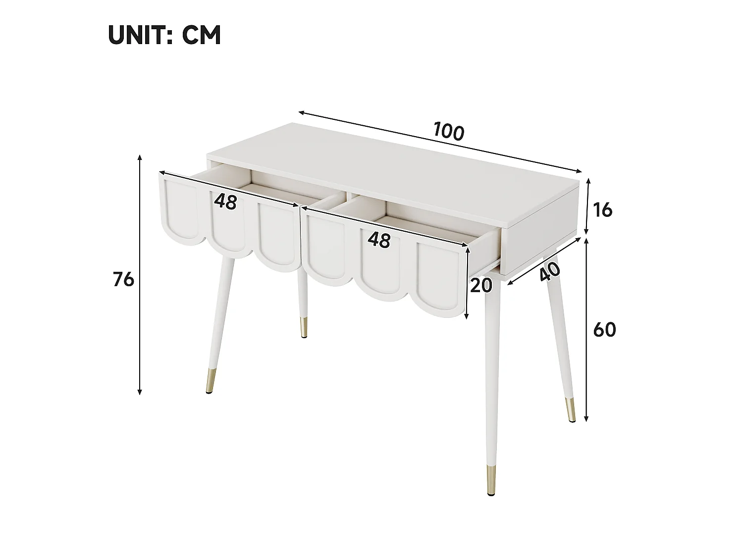 Dressing table 100x40x76cm - with 2 drawers - metal table legs - White