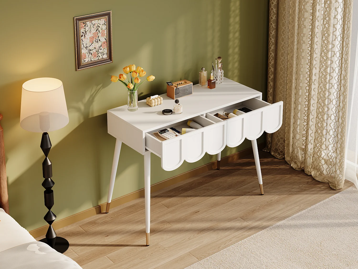 Dressing table 100x40x76cm - with 2 drawers - metal table legs - White