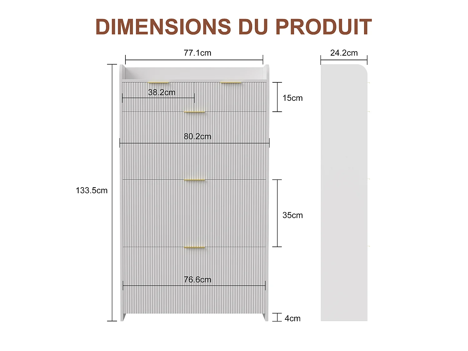 Meuble à Chaussures Slim avec 3 Abattants et 2 Tiroirs, Armoire à Chaussures avec Panneaux Rainurés et Poignées Dorées pour Entrée, 77x24x133cm, Blanc