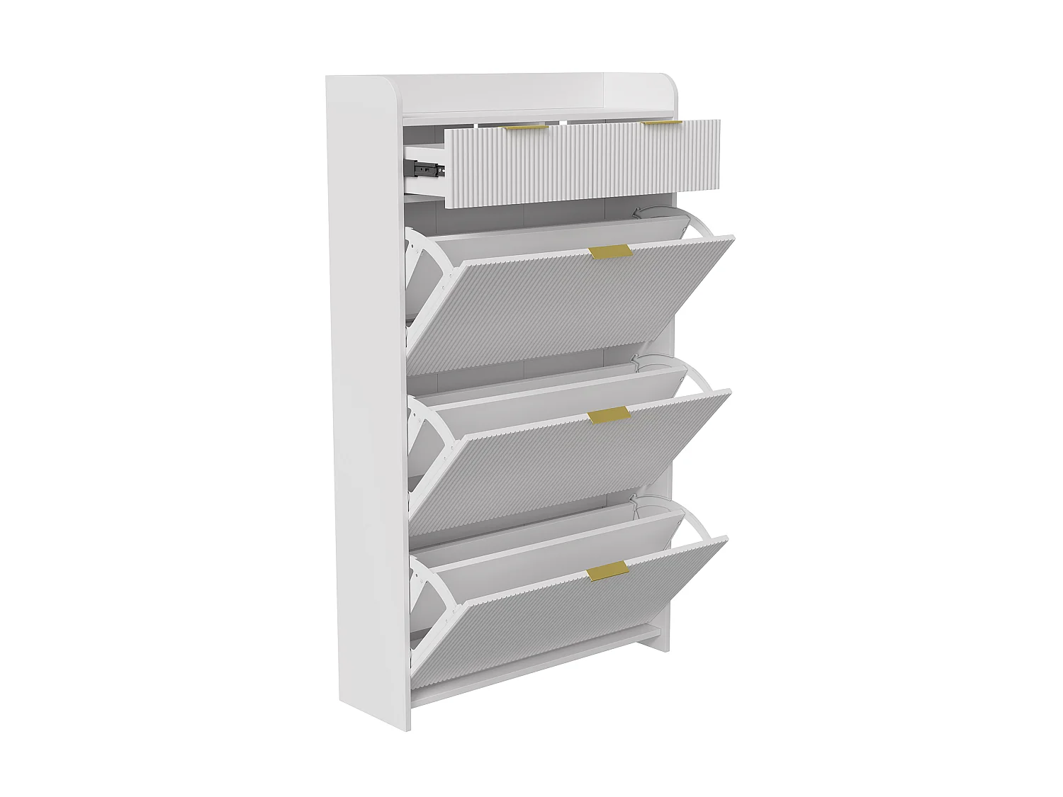 Meuble à Chaussures Slim avec 3 Abattants et 2 Tiroirs, Armoire à Chaussures avec Panneaux Rainurés et Poignées Dorées pour Entrée, 77x24x133cm, Blanc