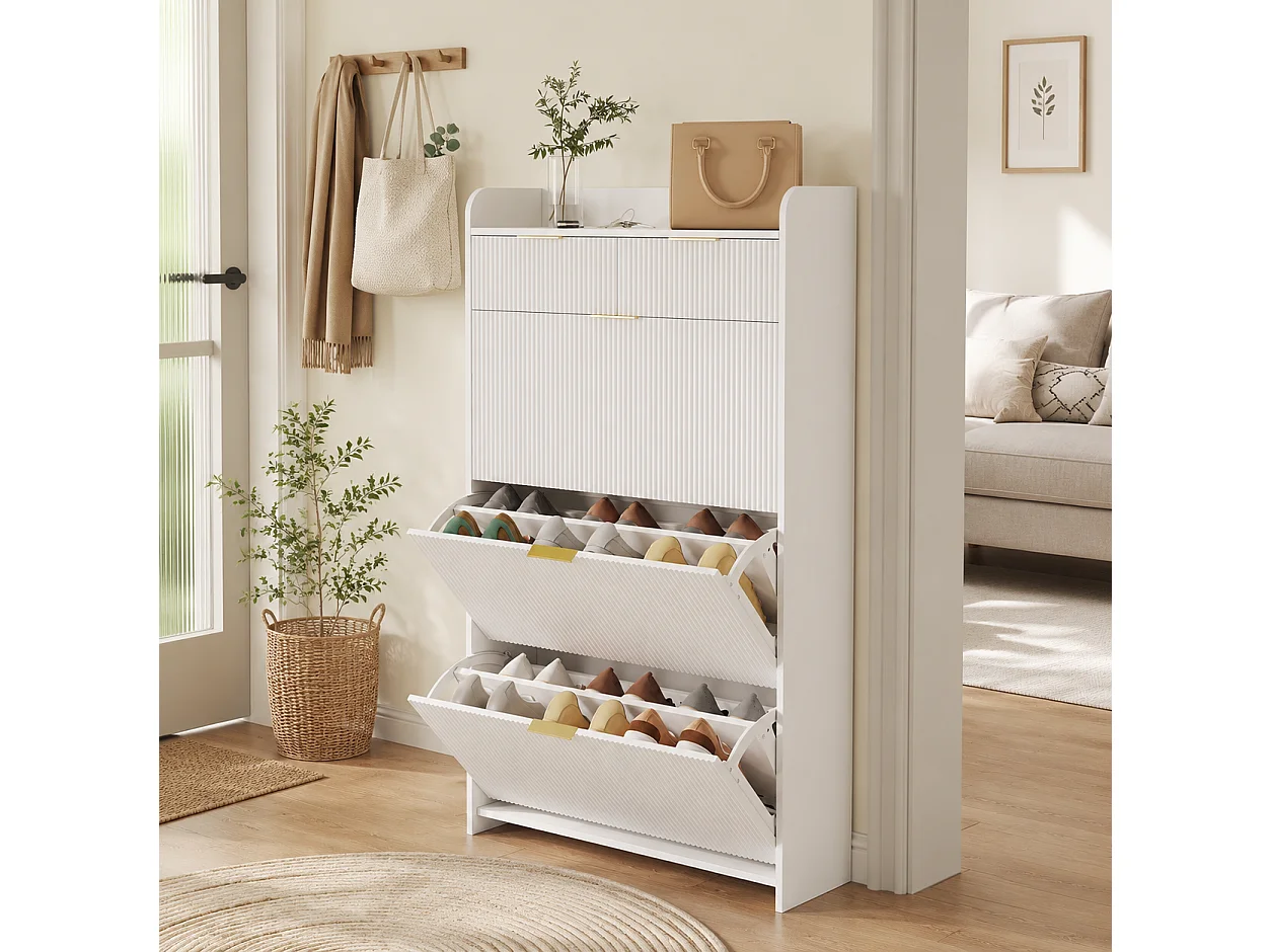 Meuble à Chaussures Slim avec 3 Abattants et 2 Tiroirs, Armoire à Chaussures avec Panneaux Rainurés et Poignées Dorées pour Entrée, 77x24x133cm, Blanc
