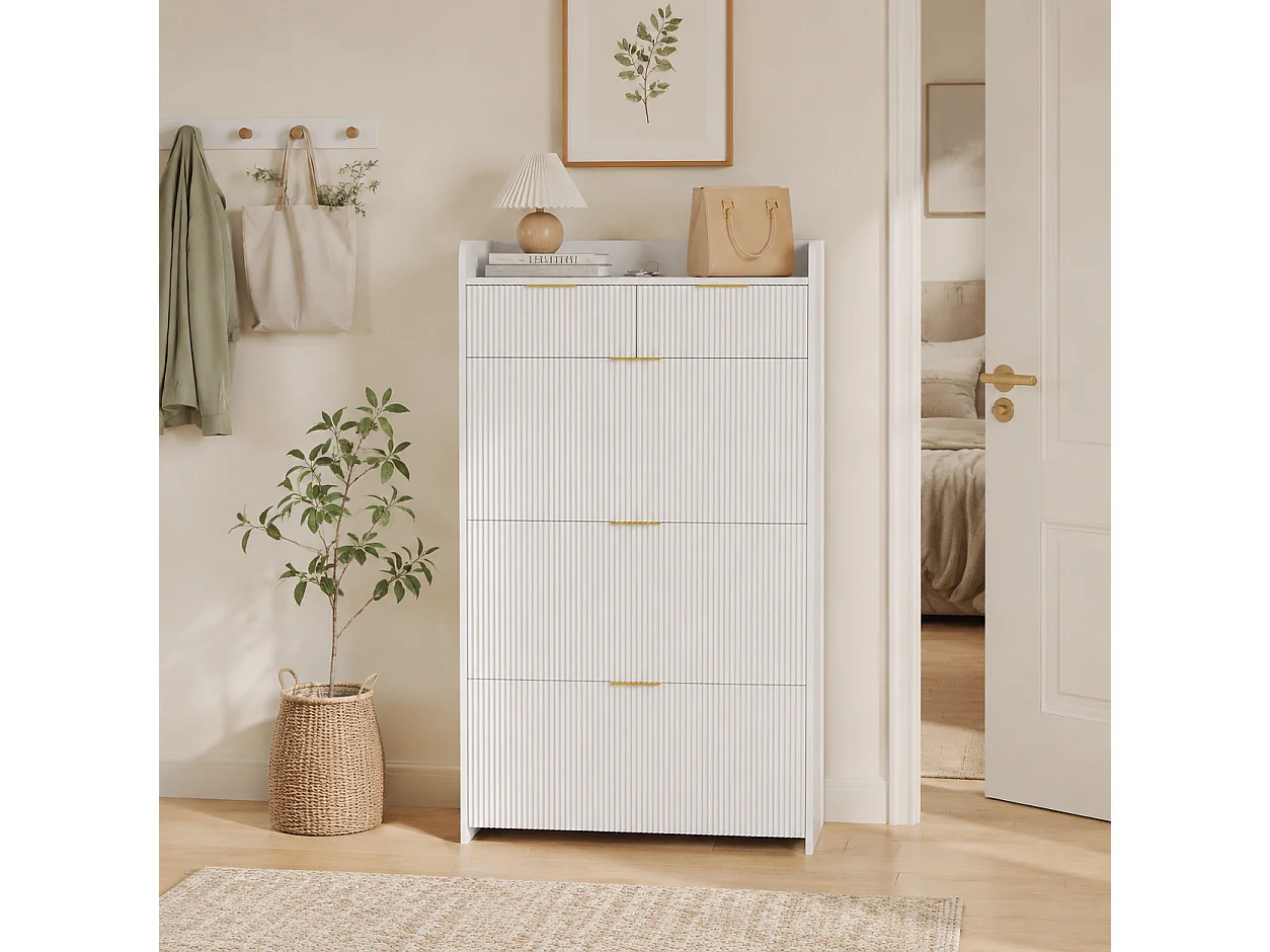 Meuble à Chaussures Slim avec 3 Abattants et 2 Tiroirs, Armoire à Chaussures avec Panneaux Rainurés et Poignées Dorées pour Entrée, 77x24x133cm, Blanc