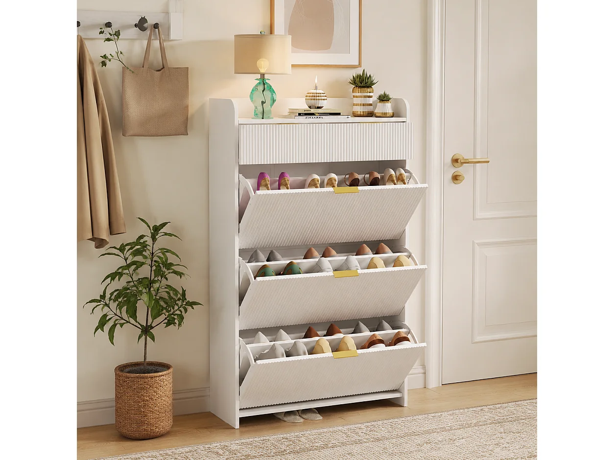 Meuble à Chaussures Slim avec 3 Abattants et 2 Tiroirs, Armoire à Chaussures avec Panneaux Rainurés et Poignées Dorées pour Entrée, 77x24x133cm, Blanc