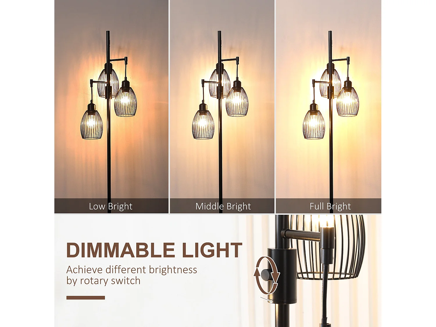 Elziba Industrial 3 Light Floor Lamp Black Wire Cage Shades 170.5cm