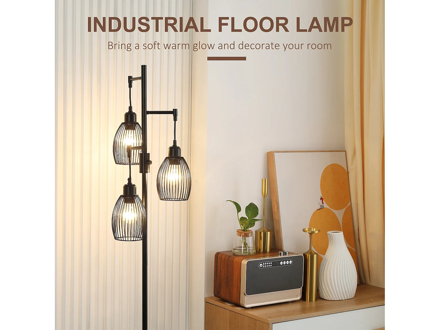 Elziba Industrial 3 Light Floor Lamp Black Wire Cage Shades 170.5cm