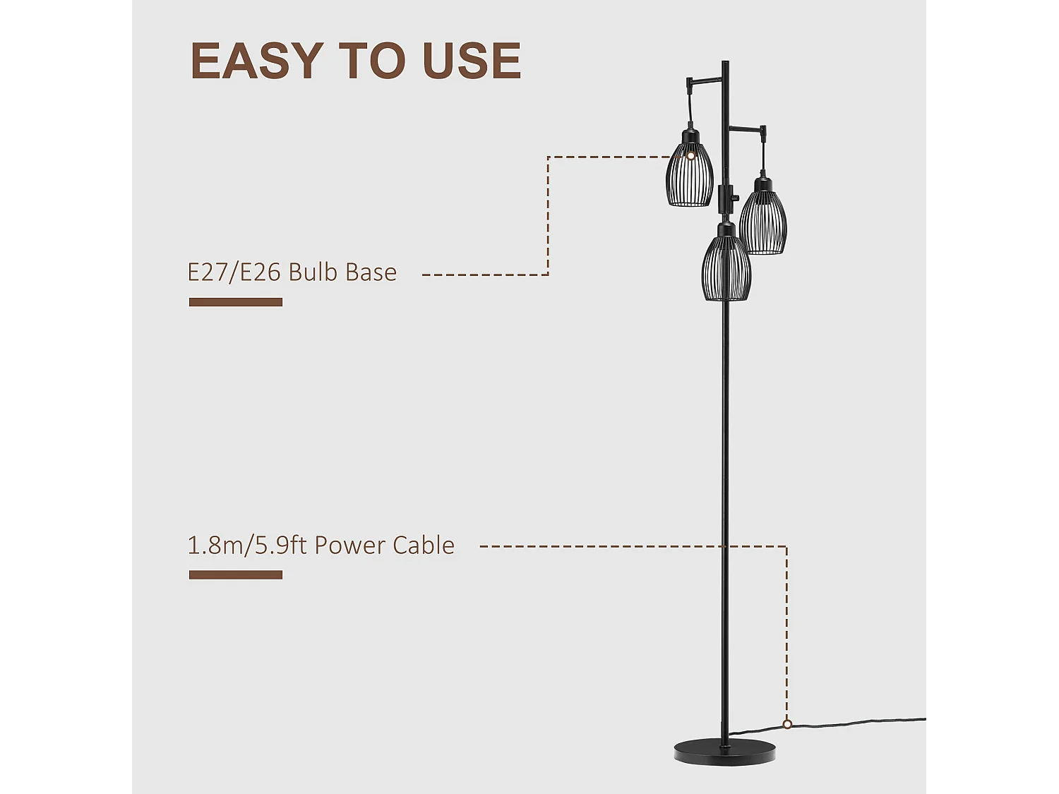 Elziba Industrial 3 Light Floor Lamp Black Wire Cage Shades 170.5cm