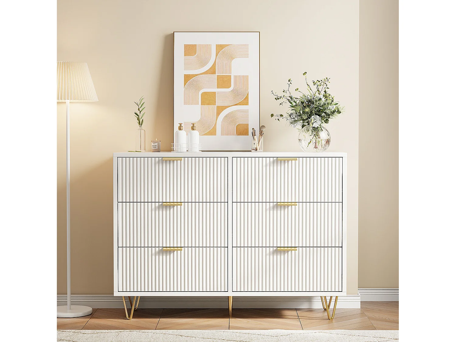 Commode Blanche 6 tiroirs, Commode Chambre Meuble de Rangement Moderne avec poignées et Pieds dorés pour Salon, Chambre, Bureau, 100x34x73 cm