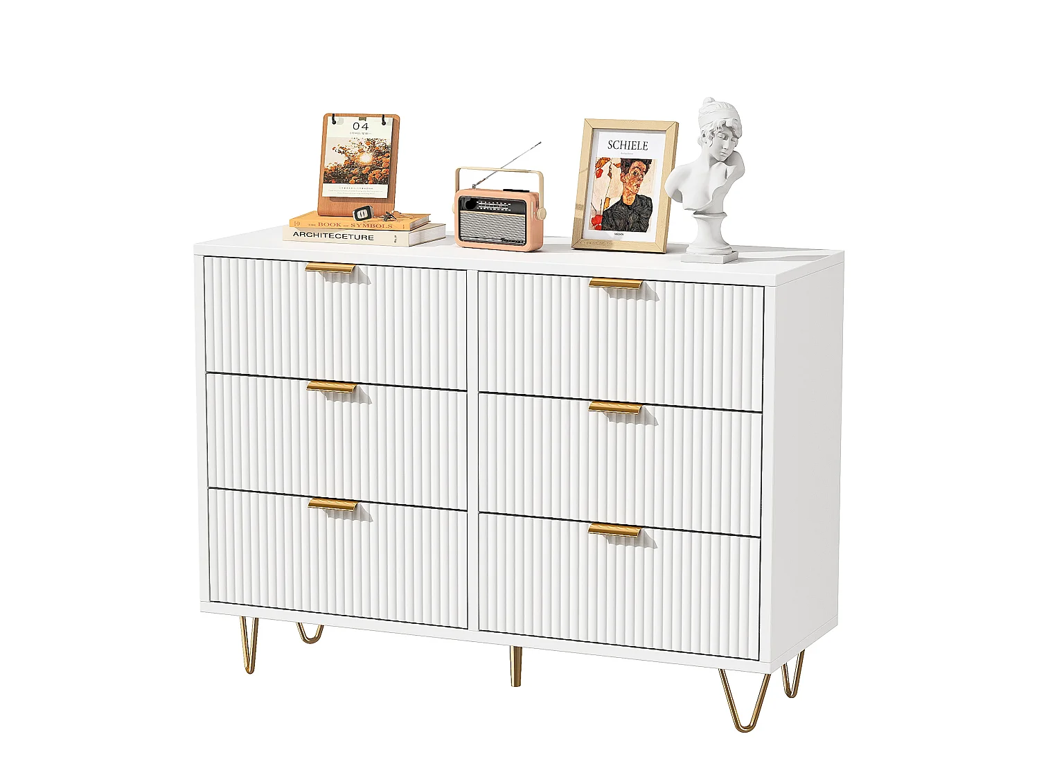 Commode Blanche 6 tiroirs, Commode Chambre Meuble de Rangement Moderne avec poignées et Pieds dorés pour Salon, Chambre, Bureau, 100x34x73 cm