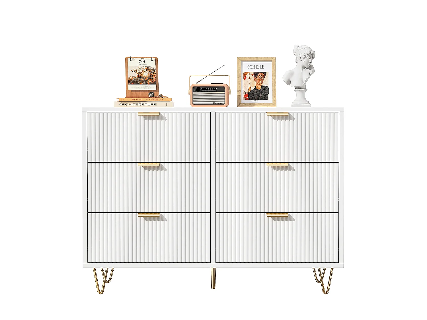 Commode Blanche 6 tiroirs, Commode Chambre Meuble de Rangement Moderne avec poignées et Pieds dorés pour Salon, Chambre, Bureau, 100x34x73 cm
