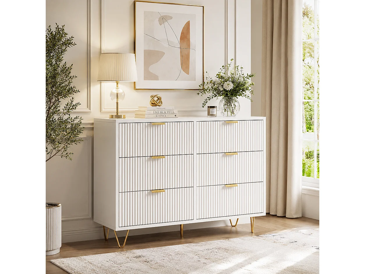 Commode Blanche 6 tiroirs, Commode Chambre Meuble de Rangement Moderne avec poignées et Pieds dorés pour Salon, Chambre, Bureau, 100x34x73 cm