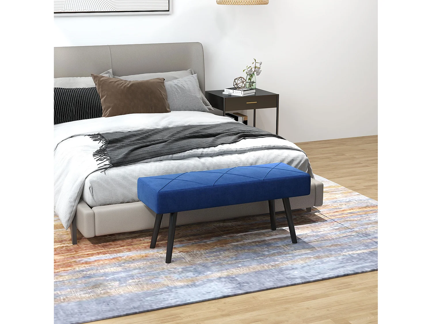 Mazuka Blue Velvet Feel End of Bed Bench with X Stitching Black Powder Coated Metal Legs