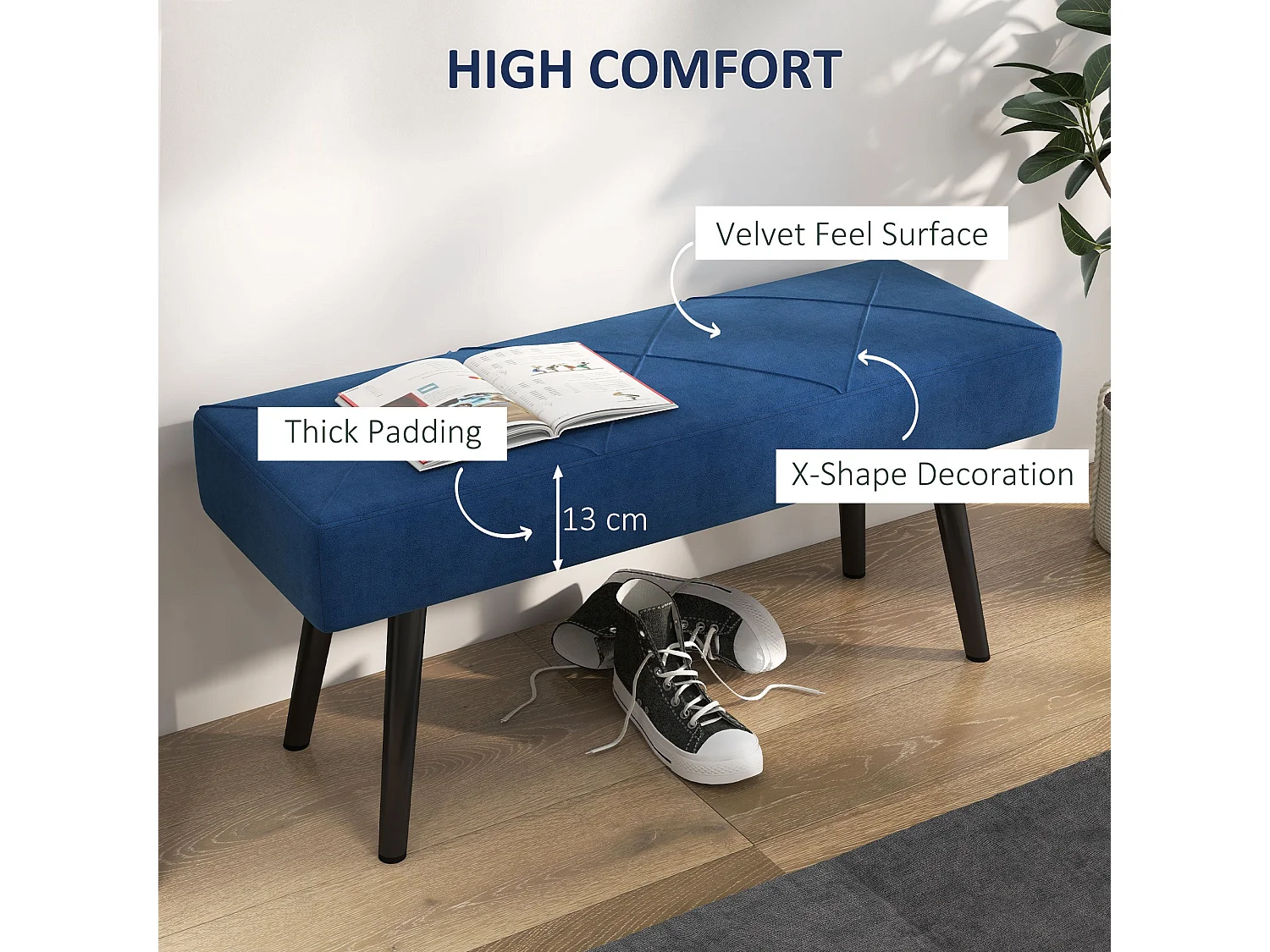 Mazuka Blue Velvet Feel End of Bed Bench with X Stitching Black Powder Coated Metal Legs